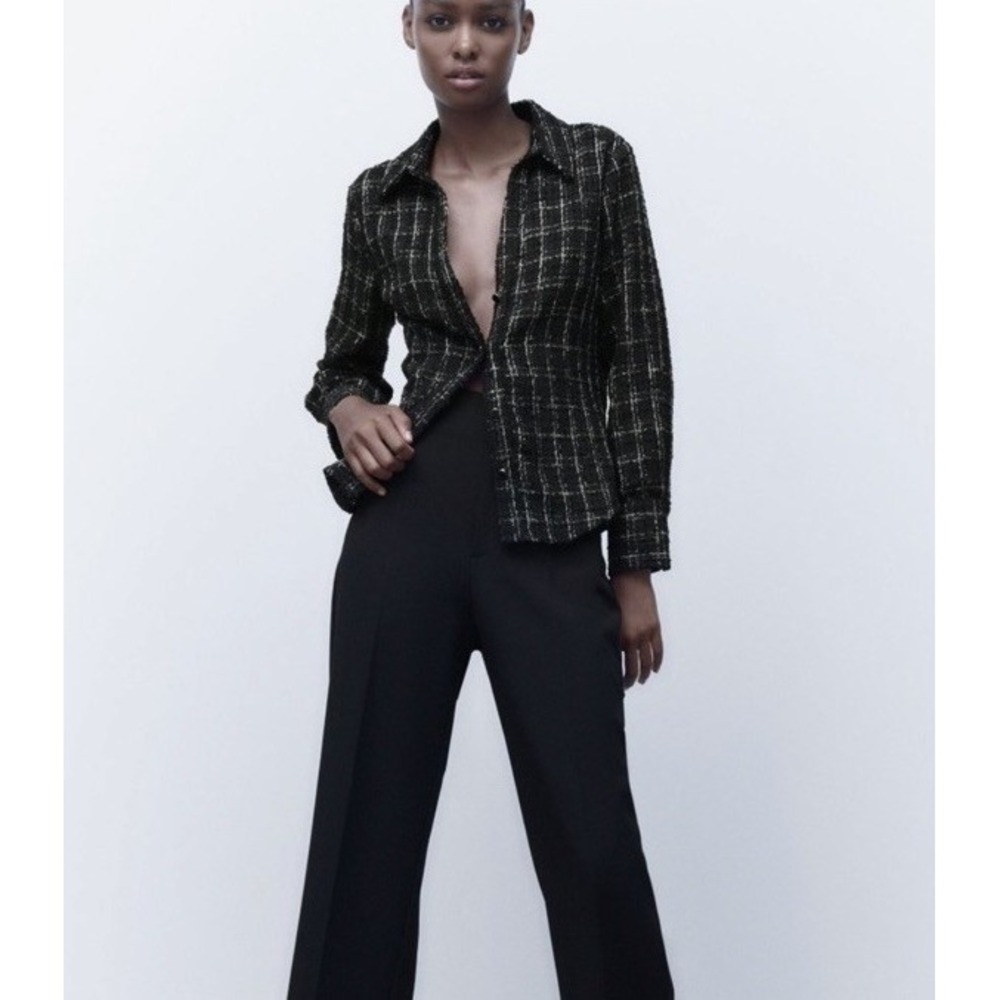 Zara Women Tweed Shirt Fitted Plaid Black/White Long Sleeve Size Small